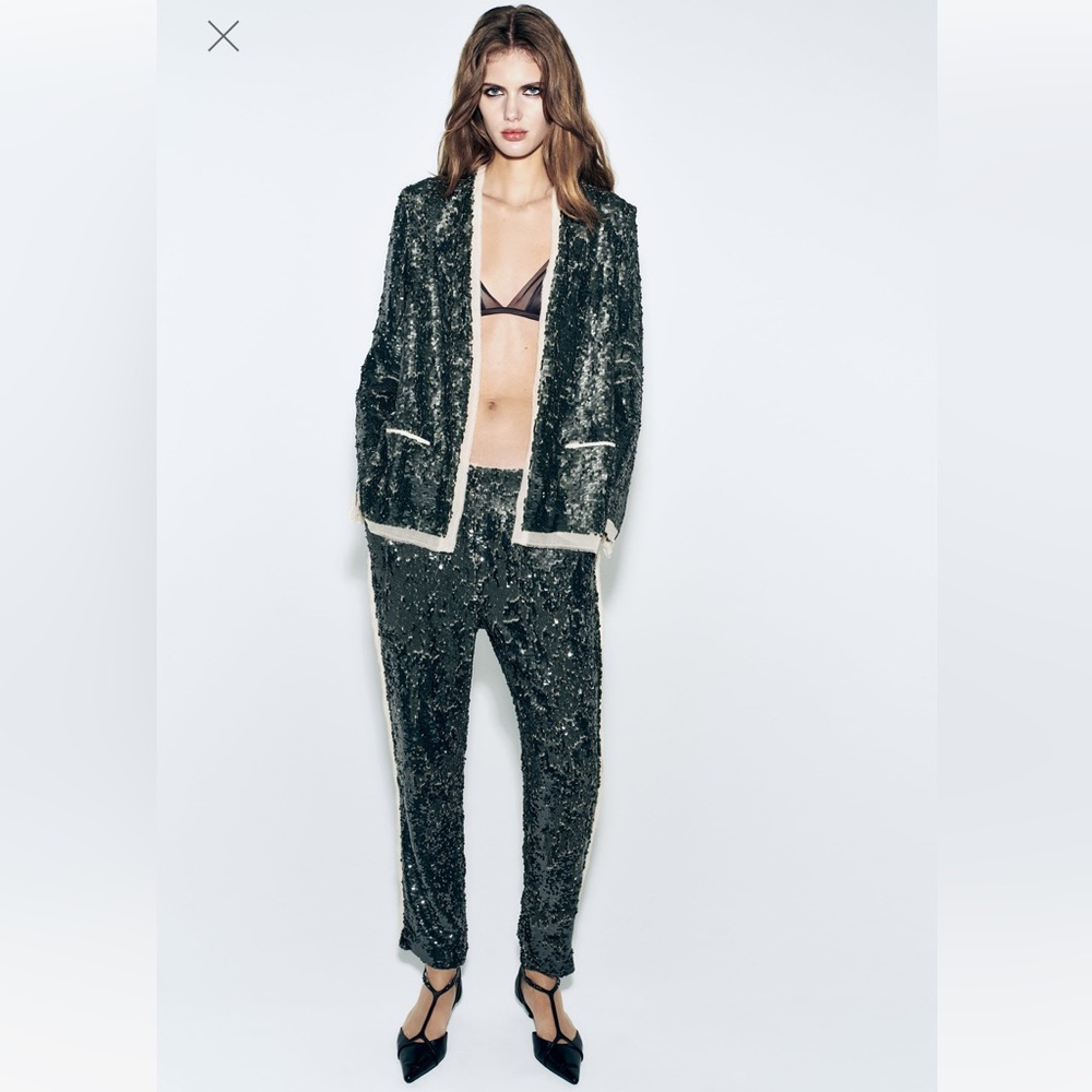 Zara green SEQUIN BLAZER ZW COLLECTION party wedding - Picture 1 of 11